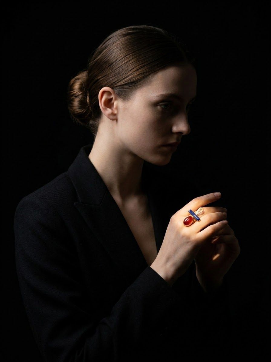 Bague Ankh Nefertiti — Bleu, Rouge & Or